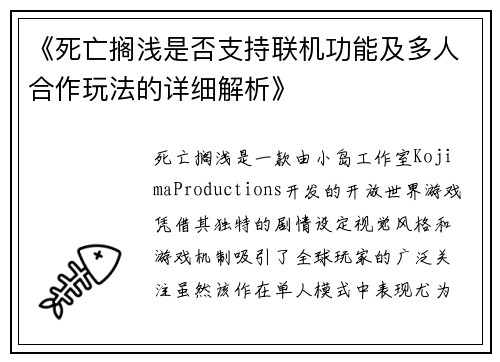 《死亡搁浅是否支持联机功能及多人合作玩法的详细解析》